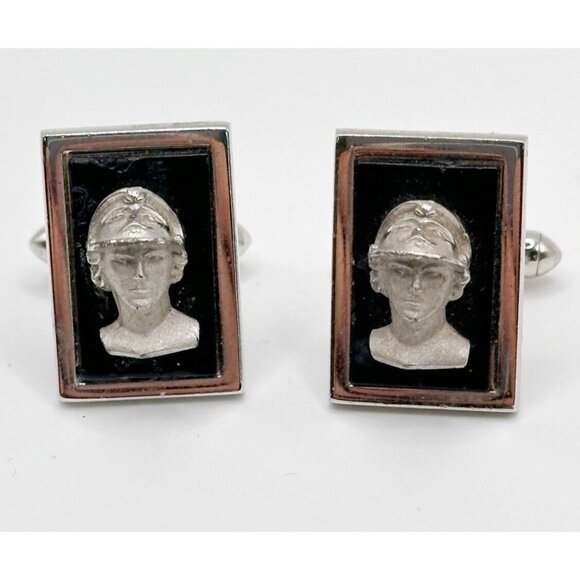 Swank Black And Silver Cameo Warrior Soldier Cufflinks Greek Roman‎ - Picture 1 of 6